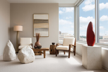 modern living room featuring unique art objects that create focal point in space