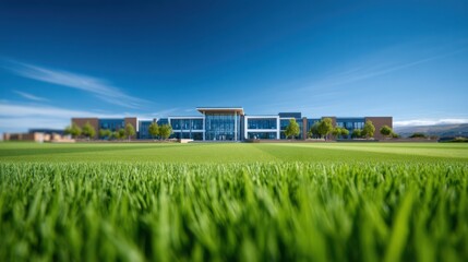 A contemporary educational facility stands prominently against a bright blue sky. Vibrant green grass fills the foreground, showcasing a peaceful atmosphere ideal for learning