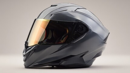 Fototapeta premium A black motorcycle helmet is presented with a reflective visor and aerodynamic shape, designed for safety and style. Perfect for enhancing the riding experience