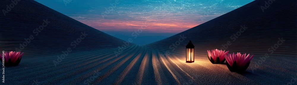Poster Raked sand patterns in tranquility with lantern and lotus concept. Serene landscape with flowers and a lantern under a twilight sky.