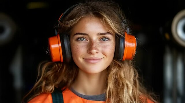 Portrait of a happy construction worker wearing ear defenders at a construction site