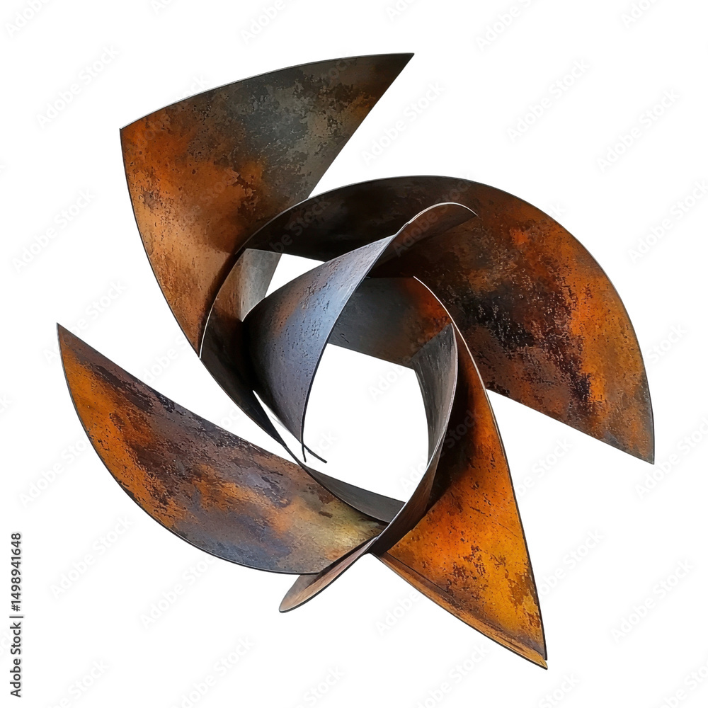 Poster abstract metal sculpture with intricate twisted shapes and rust finish