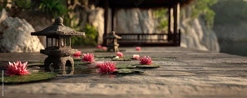 Poster tea pavilion with minimalism and rock by lantern concept. tranquil scene with lotus flowers and deco