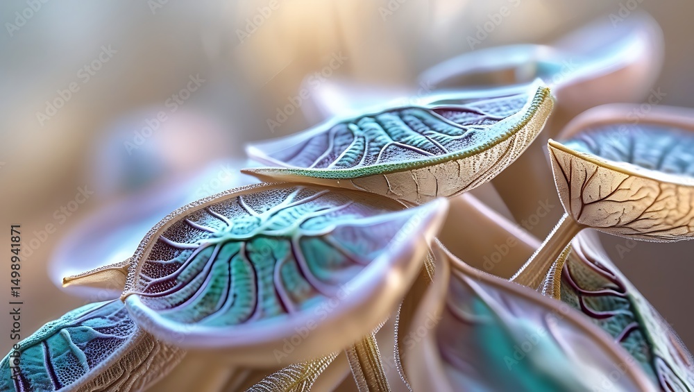 Poster photo of detailed abstract leaves showcasing intricate vein patterns and a soft, blurred background,