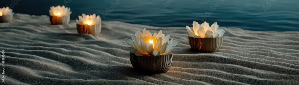 Poster Raked sand patterns in tranquility with lantern and lotus concept. Illuminated lotus flowers floating on serene water at twilight.