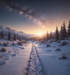 Snowy path leads to sunrise, galactic core above, majestic winter scene , bright, photography, trees