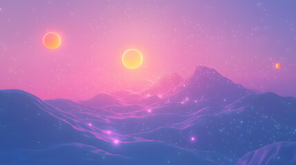 Celestial Dreamscape: A mesmerizing digital painting presents a surreal alien landscape. The scene is dominated by rolling, undulating terrain, bathed in the ethereal glow of twin suns.