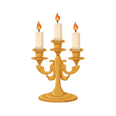 Fototapeta premium Vintage retro candelabrum, candles in three branches. Ornate old medieval candleholder. Golden metal base, antique holder for light. Flat cartoon vector illustration isolated on white background