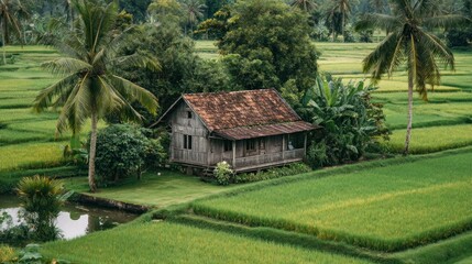 Obraz premium Rustic house in green rice paddy landscape