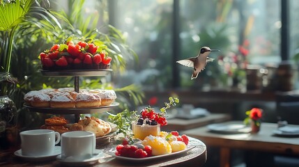 A hummingbird s enchanting visit to a dessert table laden with strawberries pastries and delicate cakes under the soft