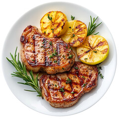 Delicious Plate of Pork Chops with Apples isolated on a white background