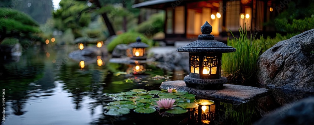 Poster tea pavilion with minimalism and rock by lantern concept. serene lanterns illuminating a tranquil ga