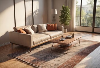 Sleek sofa, wood coffee table, geometric rug, sunlight streams in ,  cool,  tone,  shape