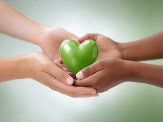 Fototapeta premium Human hands holding luminous green heart with Earth symbol caring for global nature together, 3D, Copy Space, Isolated.