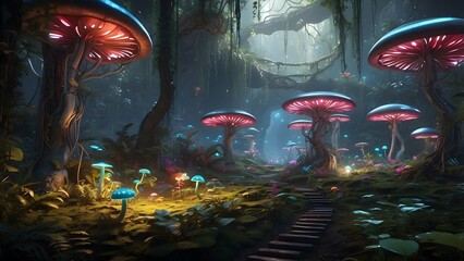 A futuristic rainforest with robotic wildlife and glowing mushrooms, Cinematic theme, HDR, Vibrant 