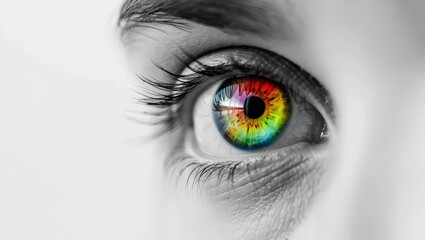 Close up eye with rainbow iris against monochrome skin representing LGBTQ pride awareness and vision, Selective Focus..