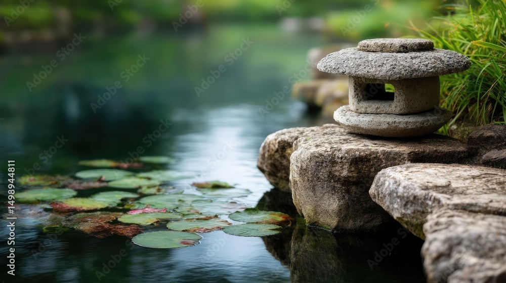 Aufkleber stone lantern in harmony with peaceful lotus pond concept. serene pond with stone lantern and lily p
