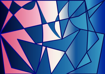 Abstract geometric design featuring a mosaic of sharp, angular shapes in blue and pink hues. The composition is divided by bold, dark lines creating a network of interconnected triangles and polygons.