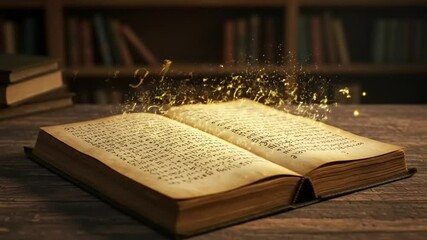 Open ancient book with glowing particles above it, set in a cozy library filled with books