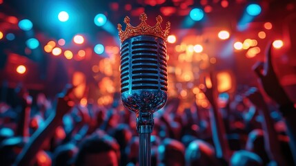 Retro microphone with crown on stage, concert crowd