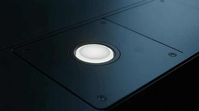 Round button illuminated on a dark surface conveying pressing button concept  
