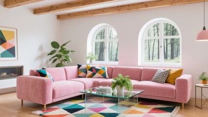 Modern Living Room with Pink Sofa and Arched Windows