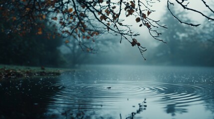 Misty reflections on a serene pond. The calm water captures the tranquil ambiance of nature. A perfect moment to unwind and reflect. Generative AI