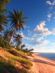 Serene tropical beach scene with palm trees, golden sand, and a vibrant sky at sunset
