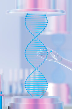 Robotic hand interacting with a DNA model in a futuristic laboratory setting