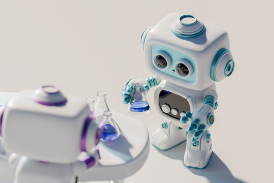 Futuristic robots conducting experiments in a laboratory setting