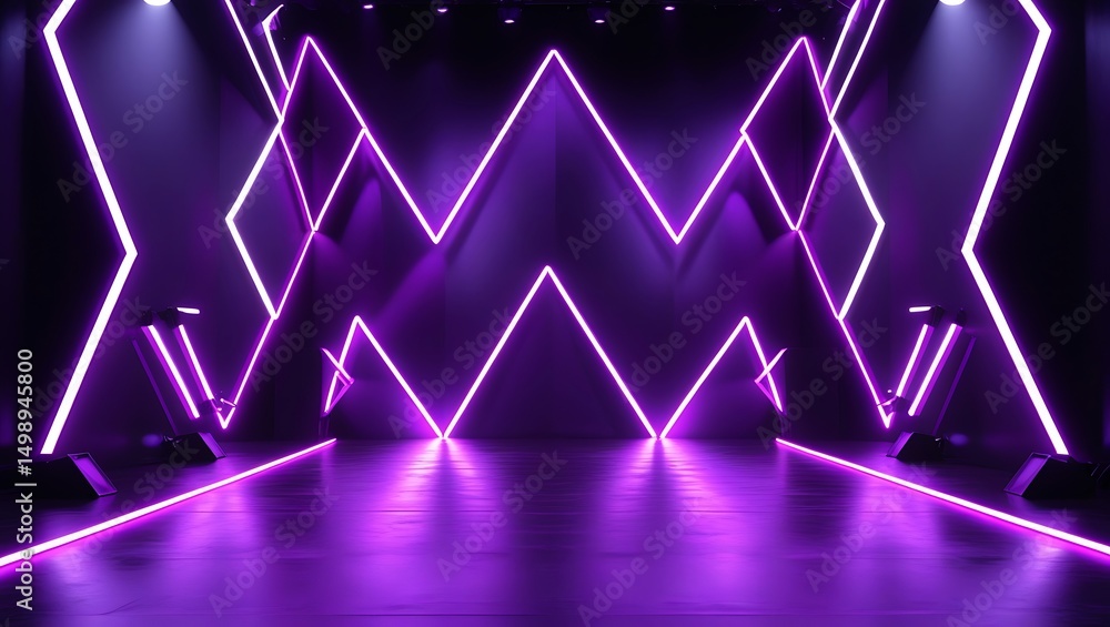 Poster photo of illuminated stage featuring vibrant purple neon lights arranged in geometric patterns creat