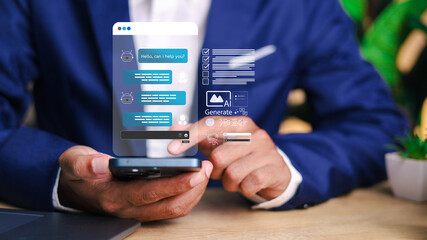 Chat with AI or Artificial Intelligence. Young businessman chatting with a smart AI or artificial intelligence using an artificial intelligence chatbot developed by OpenAI.