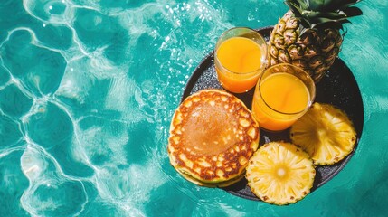 Tropical breakfast platter atop pool water.