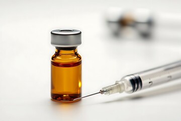 Vaccine Vial with Syringe Filled with Blue Liquid on White Background