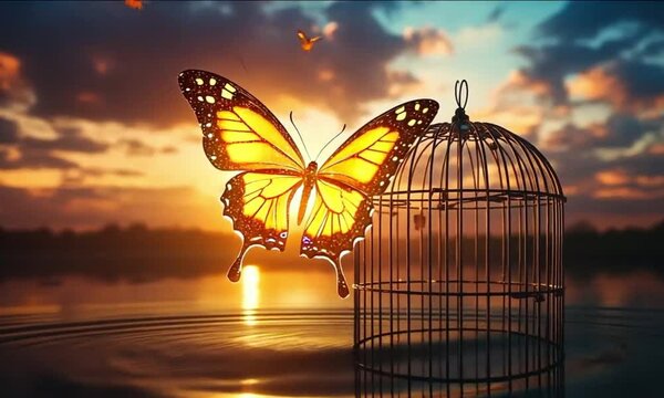 Glowing butterfly flying in water ripple