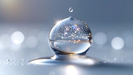 Photo of Water drop suspended above a clear water sphere reflecting light on a blurred background