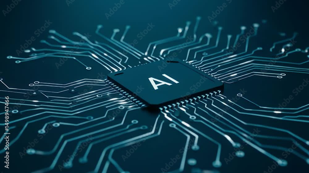 Poster central ai chip with electrical circuit lines on dark blue surface representing artificial intellige