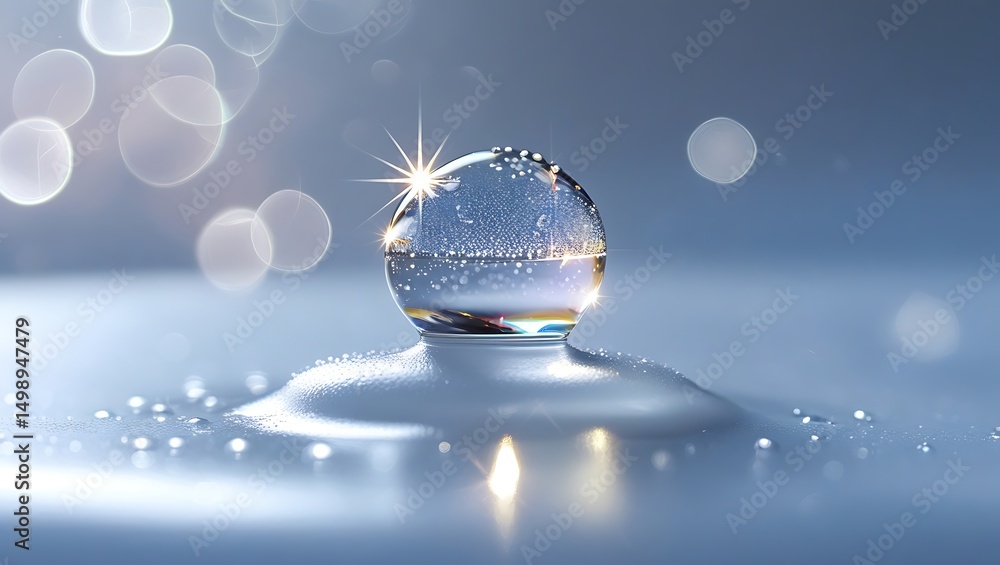 Poster photo of water drop with light reflections and bubbles on a smooth surface, creating a sense of puri