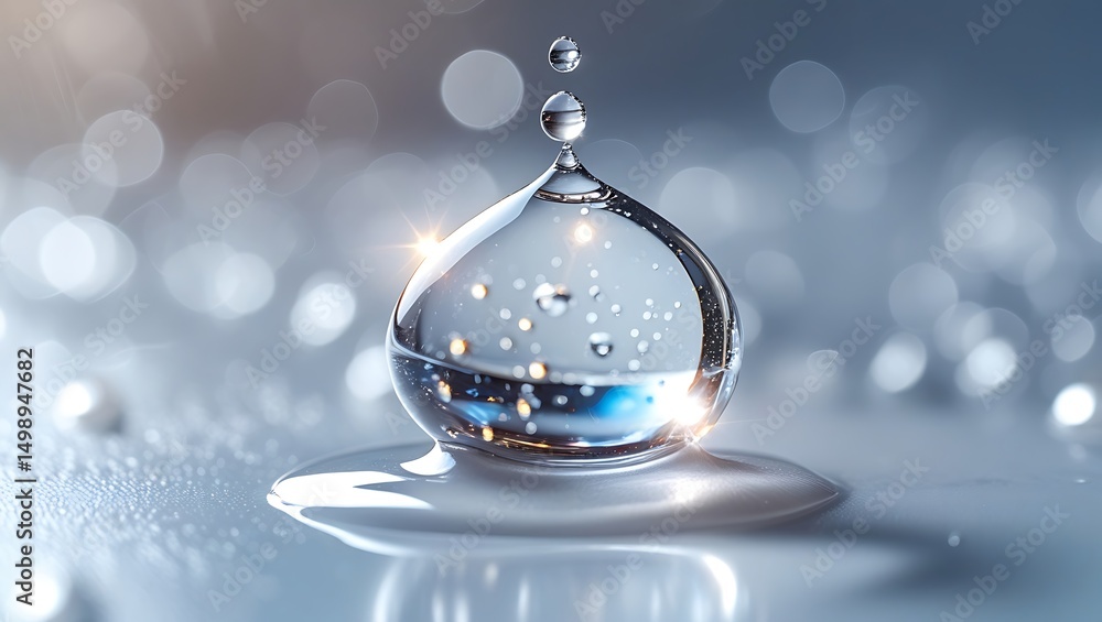 Poster photo of water drop with smaller droplets balancing on top, creating a serene and reflective scene w
