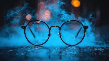 Round glasses in blue smoke, night scene