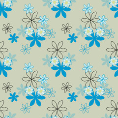 Abstract blue floral in seamless pattern background. Colorful flowers, flower petals, blooms, roses on wallpaper for banner, prints, packaging.