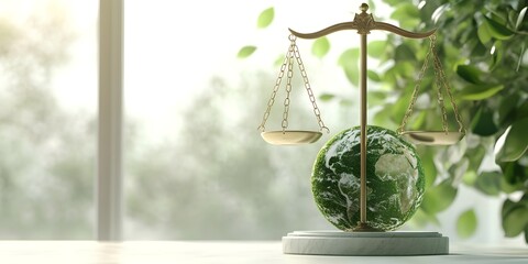 Environmental law shown by green globe, judge's gavel, scales of justice, sustainability theme, legal balance, eco-friendly legislation, Earth preservation, environmental protection