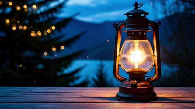 Vintage lantern, warm colors, rustic camping mod against a blue mountain backdrop, fireflies
