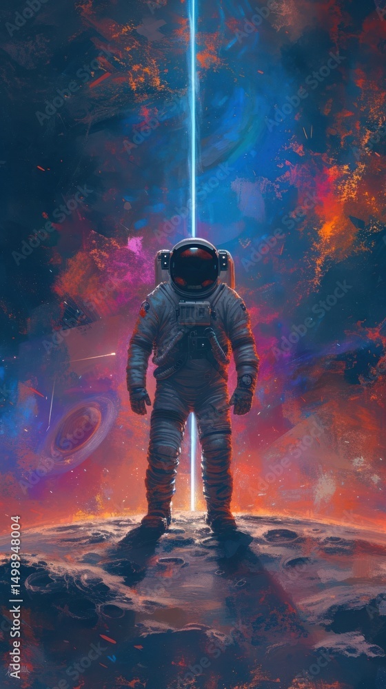 Poster minimal space astronaut on foreign planet in front of spacetime portal light astronomy astronaut uni
