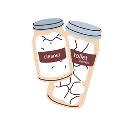 Cleaner and toilet bombs in jars. Eco-friendly bathroom cleaning products, natural detergents. Cleansing soda powder, scrub. Sustainable cleanser. Flat vector illustration isolated on white background