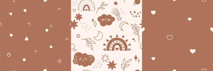 Gender neutral baby seamless patterns repeating pictures with kawaii clouds and leaves rainbows moon hearts.