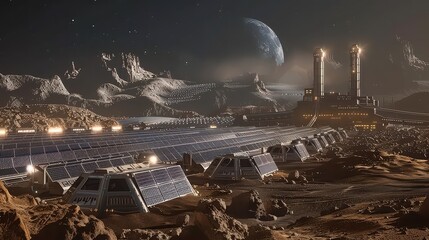 A futuristic lunar base with solar panels, buildings, and a large planet in the background view