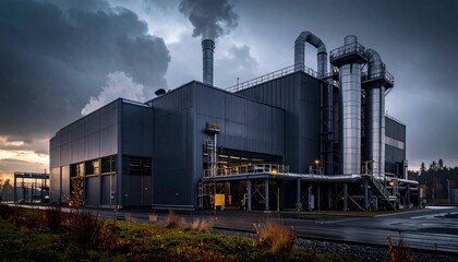 A modern manufacturing plant with metal exterior and large exhaust vents