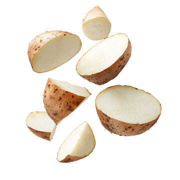 Sliced crosne tubers floating in mid-air with twisted shape and creamy white color, unique root vegetable concept, Isolated Transparent Background