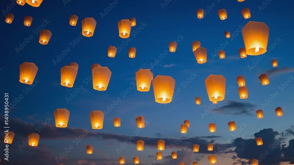 Poster a mesmerizing sky filled with glowing lanterns floating gently during dusk, creating a serene atmosp